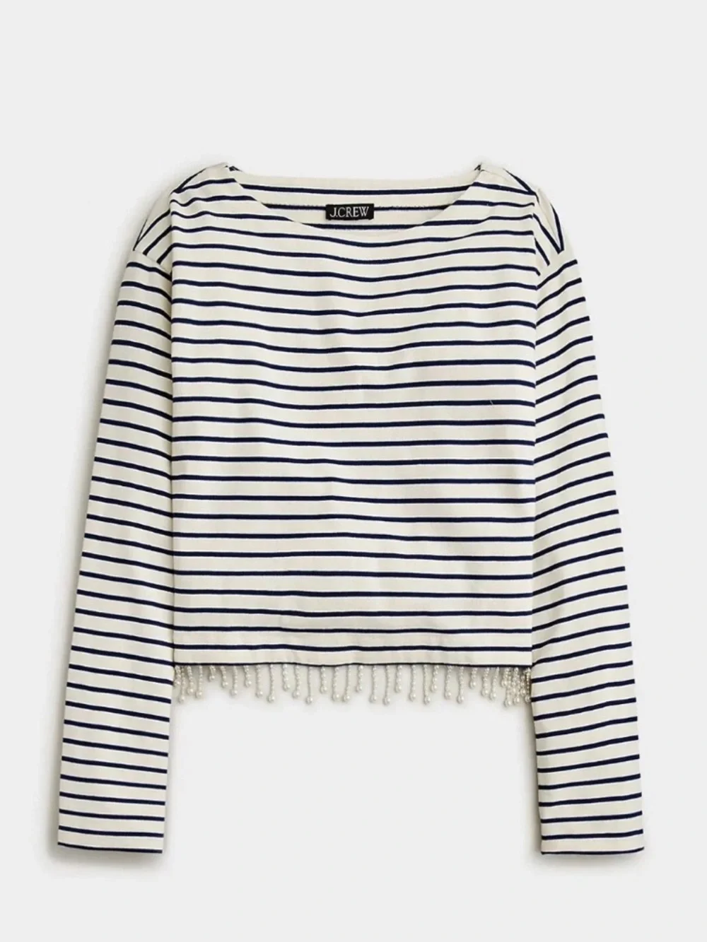 J. Crew Mariner Stripe Cropped Pearl Fringe Boatneck Top XS NWT - Picture 2 of 11